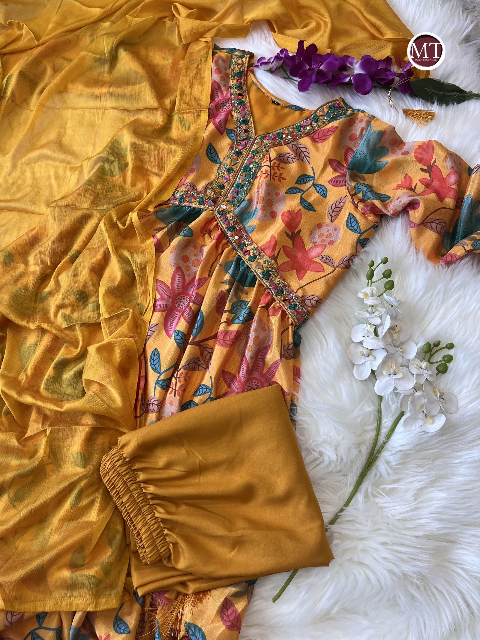 Mt Haldi Special Wedding Wear Chinon Kurti With Bottom Dupatta Wholesale Market In Surat